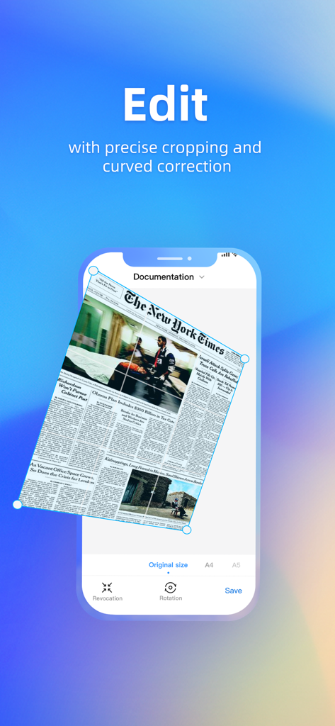 FP Scanner App-Oberfläche, die präzises Zuschneiden und automatische Krümmungskorrektur auf einem gescannten Zeitungsdokument zeigt.