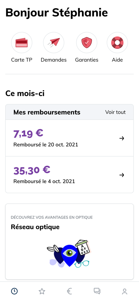 The home screen of the Mercer ma santé app displaying recent health insurance reimbursements and information about the optical network.