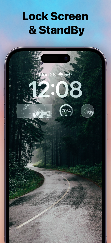 Widgets de radar meteorológico y porcentaje de lluvia mostrados en la pantalla de bloqueo de un iPhone.
