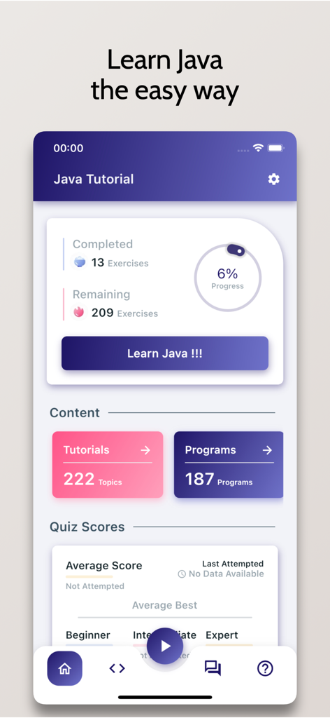 Home screen of the Learn Java app showing progress tracking and tutorial topics