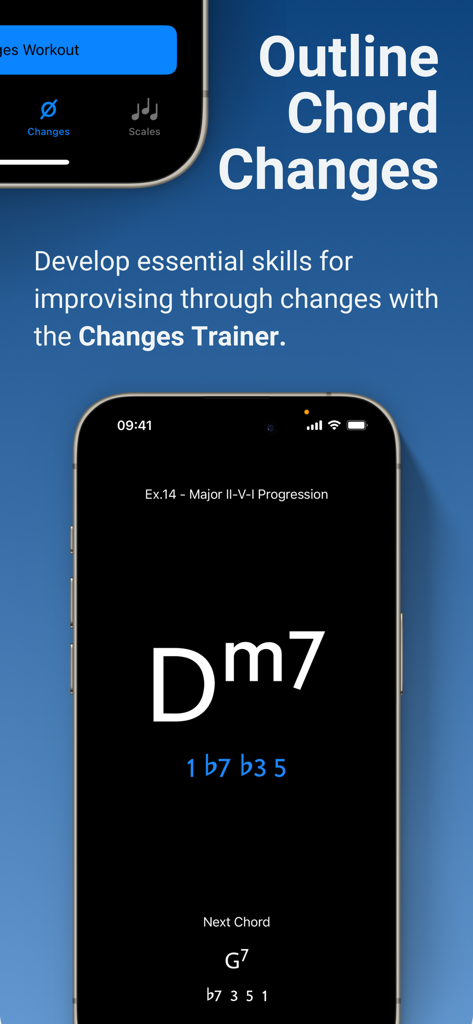Solo - Fretboard Visualization - Solo app interface showing the Changes Trainer feature for practicing intervallic functions over chord progressions.