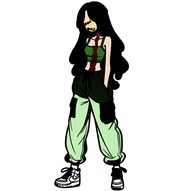 girl in baggy pants crop top and long hair