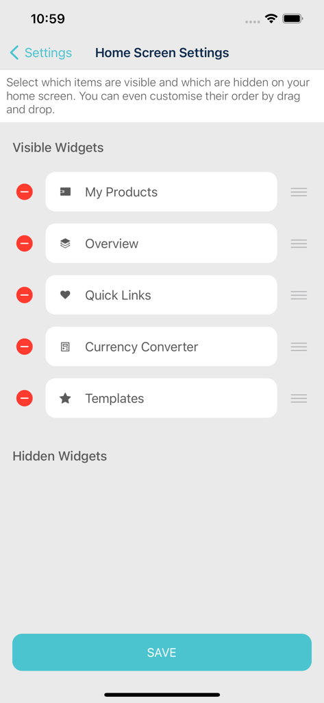 KCB iBank - Customizing visible widgets on the KCB iBank home screen settings screen.