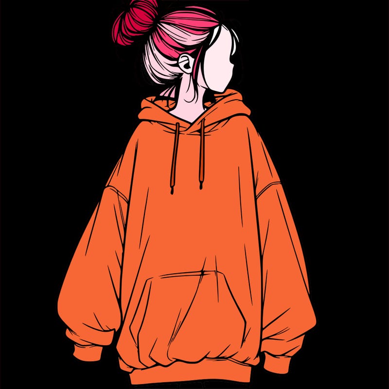 realistic girl with a oversized sweatshirt on and a bun
