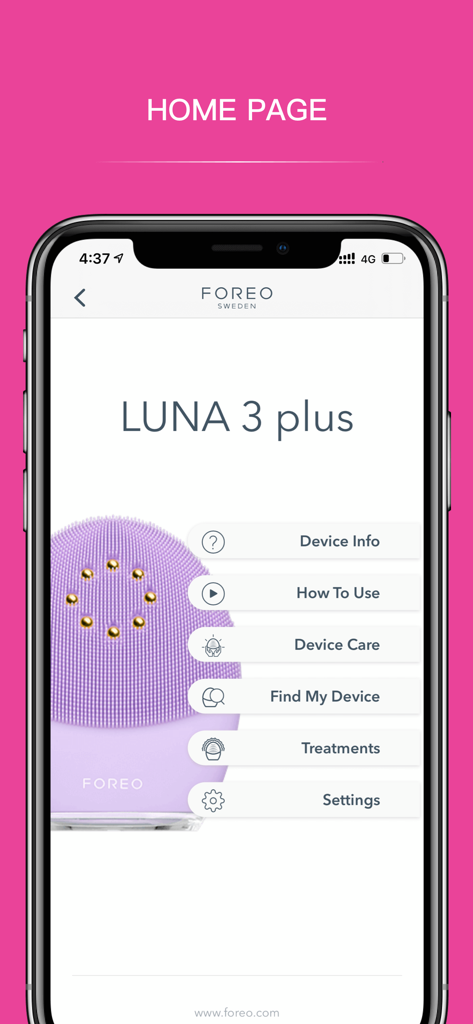 Schermata iniziale dell'app mobile FOREO For You che mostra le impostazioni del dispositivo LUNA 3 plus e le opzioni di trattamento