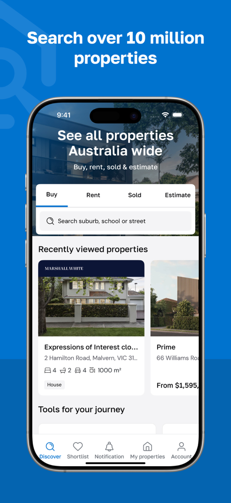 view.com.au - Home screen of the View.com.au app displaying property search filters and recently viewed listings