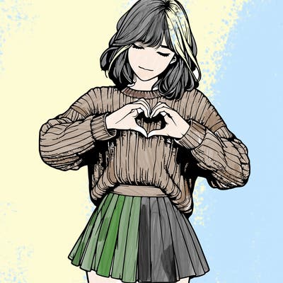 realistic girl in sweater and skirt making a heart with her hands