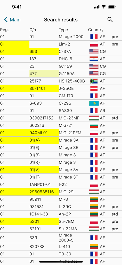 Plane DB - Una lista de resultados de búsqueda de aeronaves en la aplicación Plane DB que muestra números de matrícula, tipos de aeronaves y banderas de países, con algunas filas resaltadas para mostrar los avistamientos del usuario.