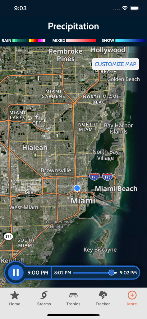Max Tracker Hurricane WPLG - Max Tracker Hurricane WPLG app displaying a precipitation radar map of Miami