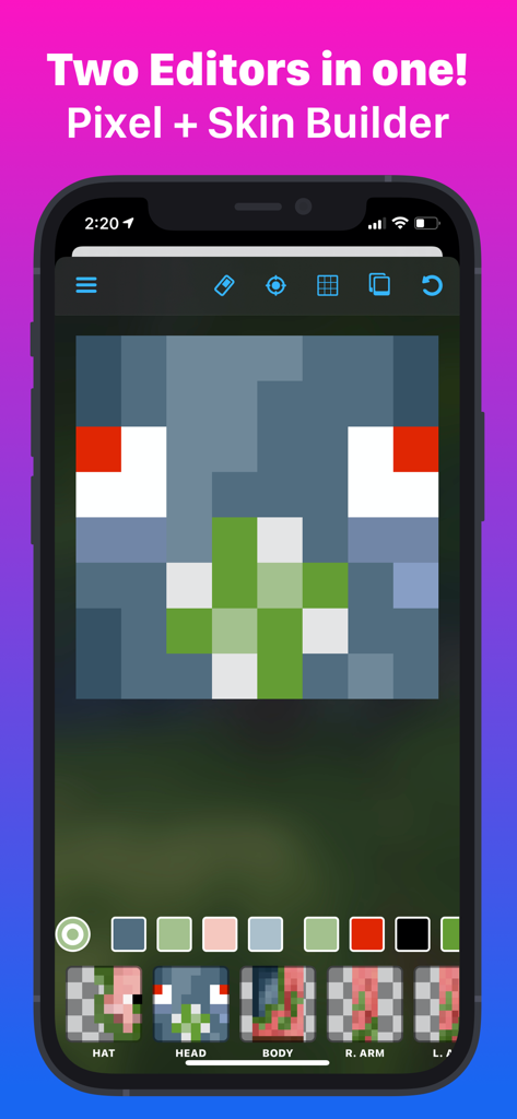 Create Skins for Minecraft PE - キャラクターの頭のデザインを示すMinecraftスキンピクセルエディタとスキンビルダーのインターフェース