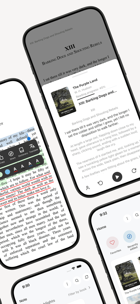 Mobile screens showing the Koodo Reader app reading interface with text selection tools and library management