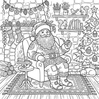 Step into a whimsical world with this enchanting Santa Claus coloring page, beautifully infused with a cozy cottagecore aesthetic. Discover intricate details of rustic charm as Santa relaxes by a warm fireplace, surrounded by delightful Christmas cheer, ready for your creative touch.
