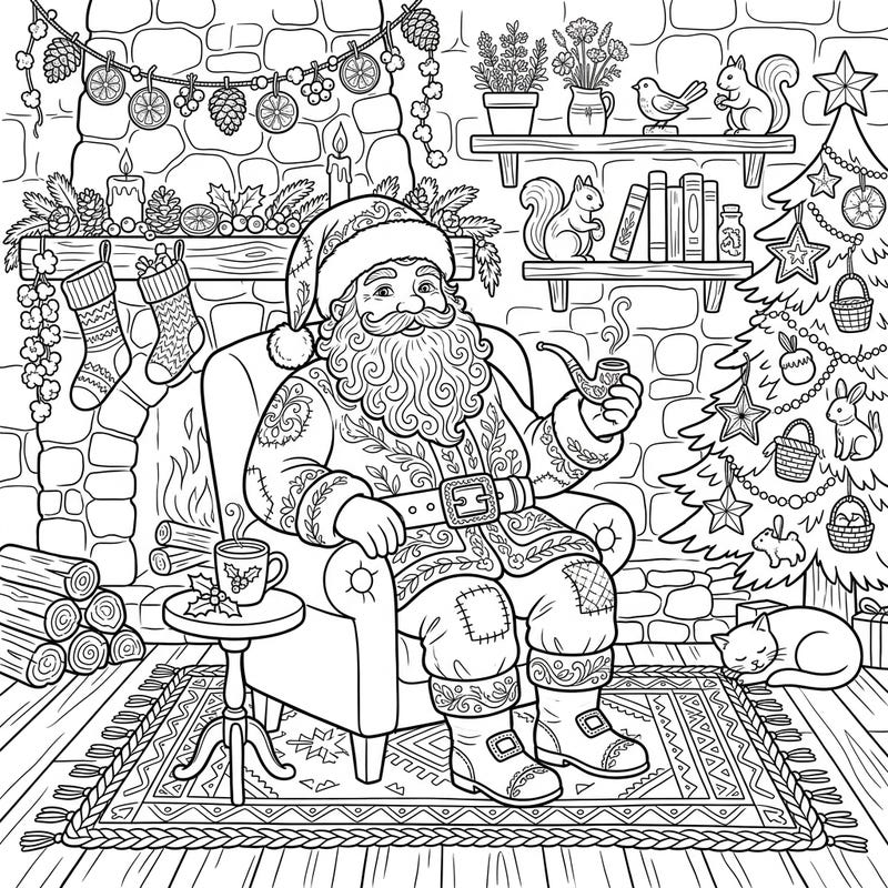 Step into a whimsical world with this enchanting Santa Claus coloring page, beautifully infused with a cozy cottagecore aesthetic. Discover intricate details of rustic charm as Santa relaxes by a warm fireplace, surrounded by delightful Christmas cheer, ready for your creative touch.