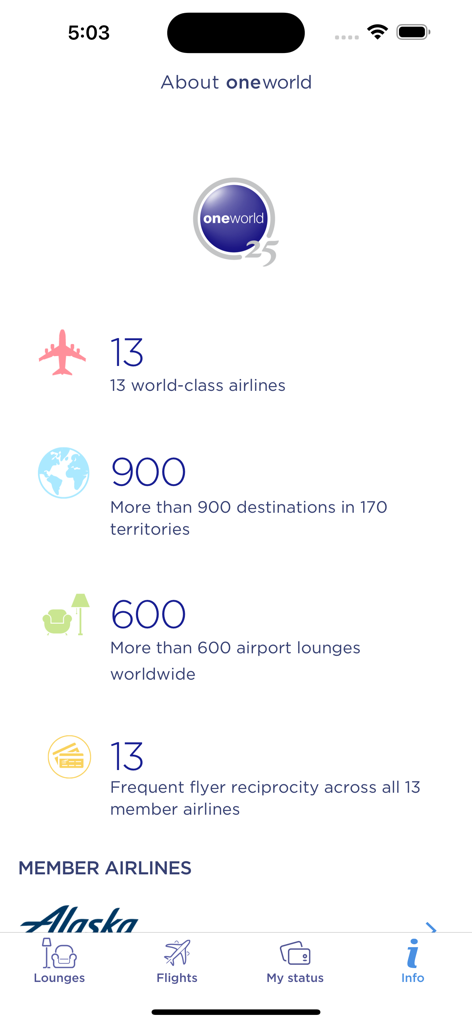 Fly Oneworld - Fly Oneworld app screen displaying alliance statistics like member airlines and airport lounges.