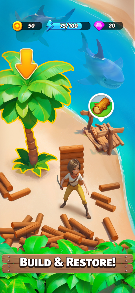 Character gathering wood to build and restore on a tropical island beach