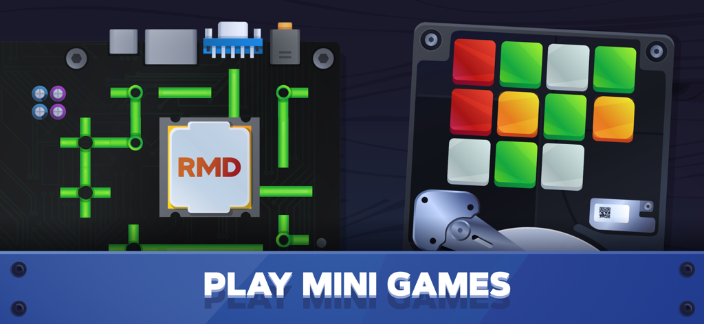 Minijuegos de rompecabezas temáticos de hardware en PC Creator 2 mostrando un rompecabezas de camino de circuito y una cuadrícula de colores