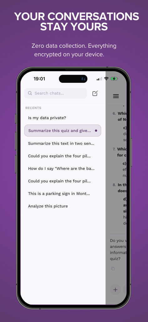 KernelAI - KernelAI app interface showing a list of private and encrypted chat conversations on an iPhone