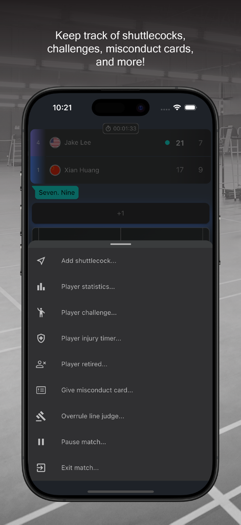 Badminton Scorer Pro - Badminton Scorer Pro app interface showing the match tools menu with options for tracking shuttlecocks, challenges, and misconduct cards.