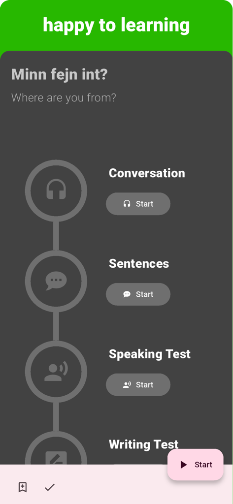 Una captura de pantalla de la aplicación de aprendizaje de idiomas malteses que muestra un módulo de lección titulado ¿De dónde eres? con opciones de conversación, frases y pruebas de habla.