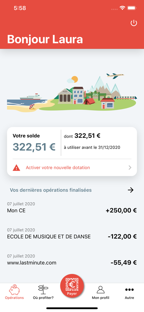 Chèque-Vacances - Cheque-Vacances app dashboard displaying user balance and recent transactions