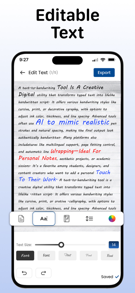 Text to Handwriting Converter - Mobile screen displaying text converted into handwriting with customization options for fonts and ink colors