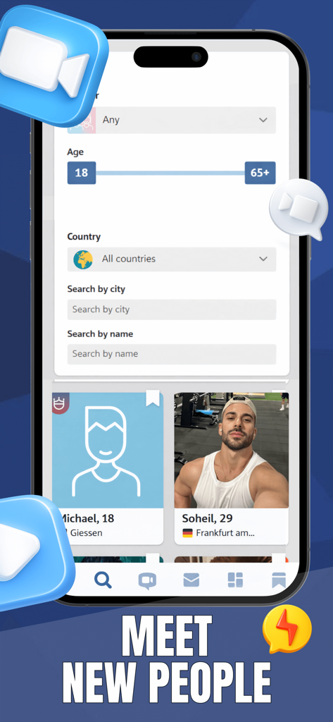 Minichat: find new friends - Mobile app screen showing search filters for age and location to meet new people with profile cards below
