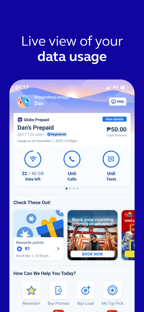 GlobeOne app screen showing live view of data usage and prepaid account balance