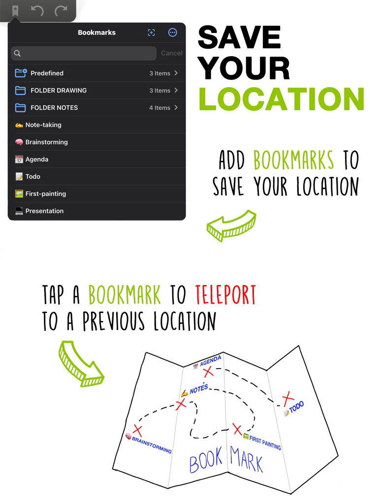 Endless Paper - A screenshot demonstrating the bookmarks feature in Endless Paper with a visual map explaining how to save and teleport to specific locations on the infinite canvas.