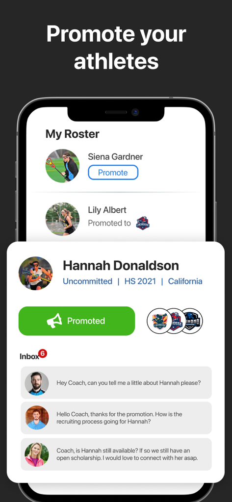 FieldLevel mobile app screen for coaches to promote their roster of high school athletes to college scouts.