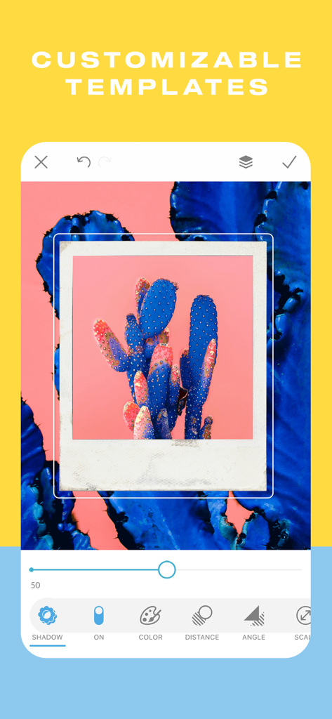 Interface de l'application PicMonkey montrant des modèles personnalisables et des outils de réglage des ombres pour une photo.