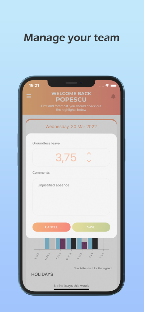 colorful.hr - Mobile app interface of colorful.hr showing a manager dashboard for team leave management and absence tracking