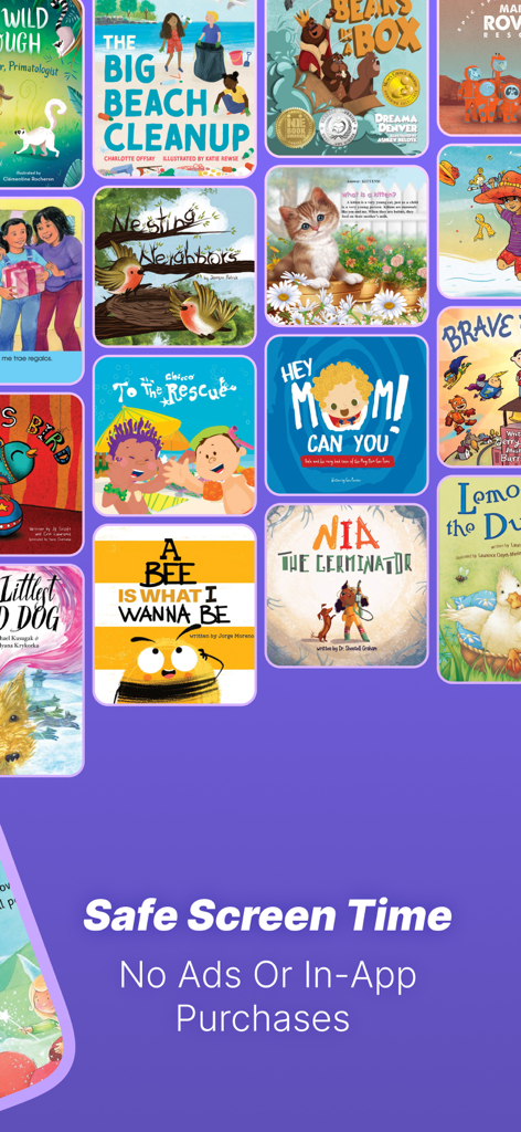 MagicBlox: Reading Books - A collection of colorful children book covers on the MagicBlox app emphasizing safe screen time and no ads