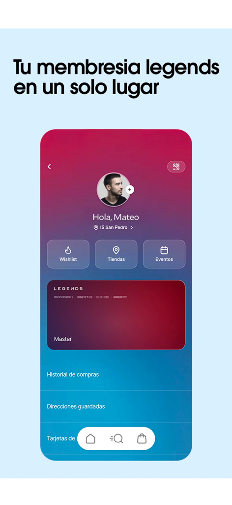 Perfil de cuenta de usuario en la aplicación Innovasport que muestra la tarjeta de membresía Legends.