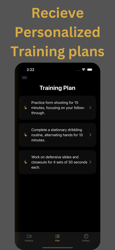 Hoopr AI - Hoopr AI mobile app interface showing a list of personalized basketball training drills like shooting and dribbling.