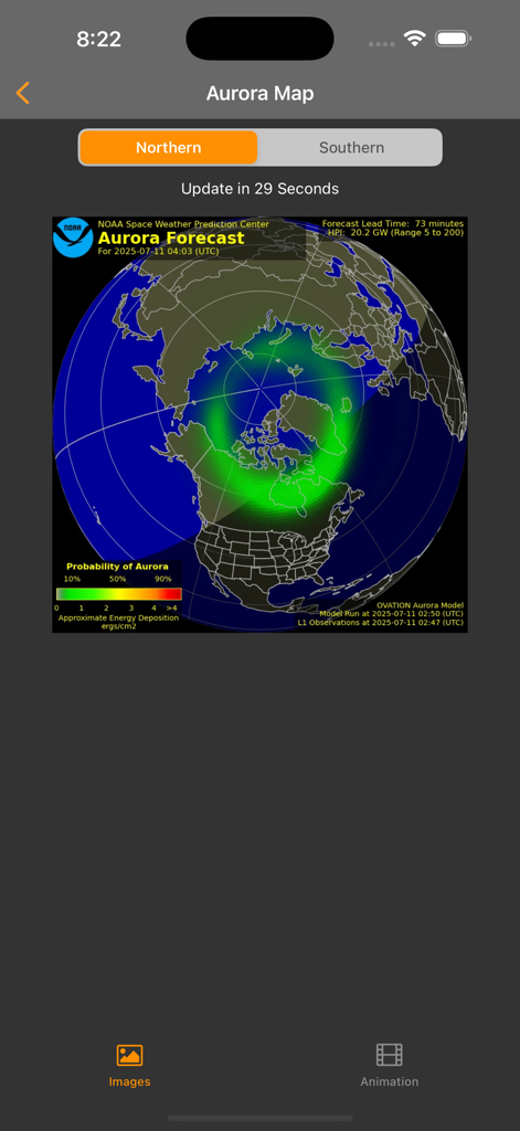 Light Pollution Map - Dark Sky - A screenshot of the Aurora Map screen in the Light Pollution Map app showing the Northern Lights forecast over a map of the Northern Hemisphere.
