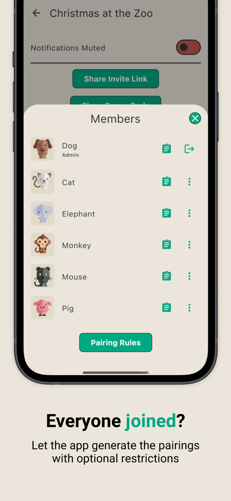A mobile app screen showing a list of Secret Santa group members with animal avatars and a button to set pairing rules.