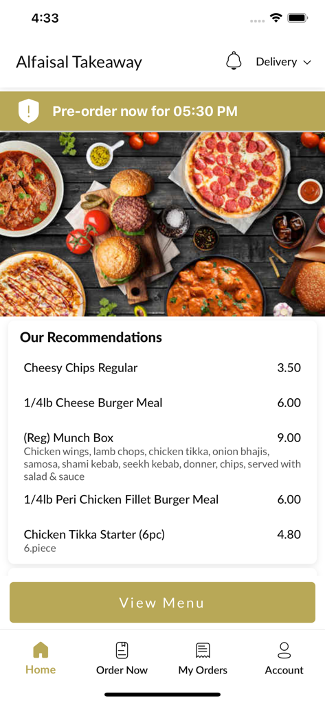 Alfaisal Takeaway - Alfaisal Takeaway mobile app home screen featuring food recommendations and pre-order options