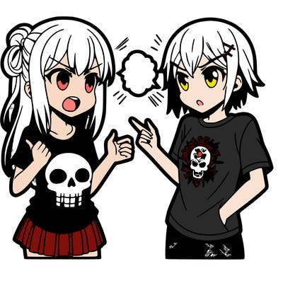 anime girl wearing a tee shirt with a skull on it arguing with an anime guy wearing a suit