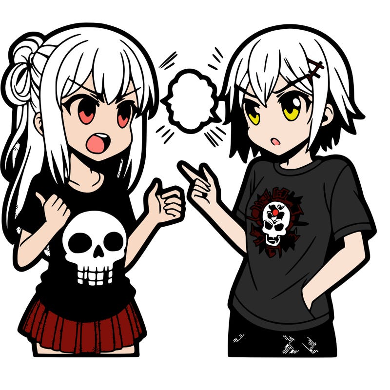 anime girl wearing a tee shirt with a skull on it arguing with an anime guy wearing a suit