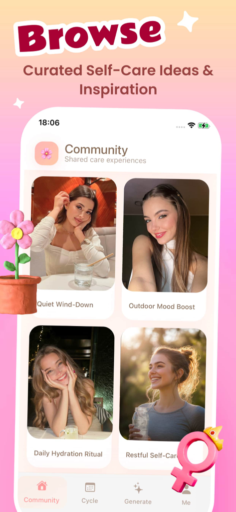 Pilla - Share, Explore - Pilla app community browse screen showing curated self-care inspiration and shared experiences