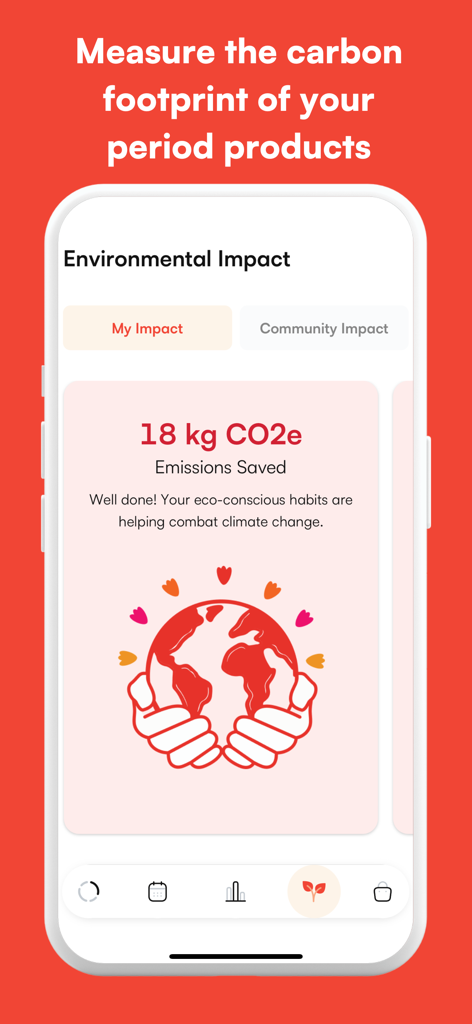 Asan Period Tracker App-Bildschirm zeigt die Einsparungen beim CO2-Fußabdruck und die Umweltauswirkungen von Menstruationsprodukten.