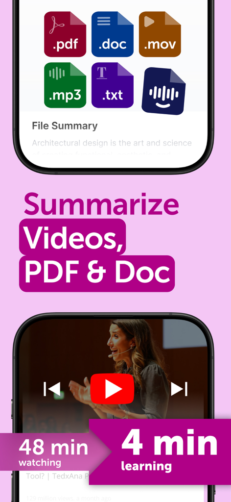 Smart Noter - AI Note Taker - Smart Noter app interface showing AI summarization of videos and documents to reduce learning time from 48 minutes to 4 minutes.