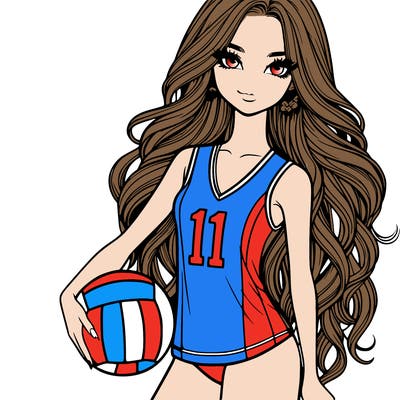 pretty model with long hair in a jersey holding a volleyball