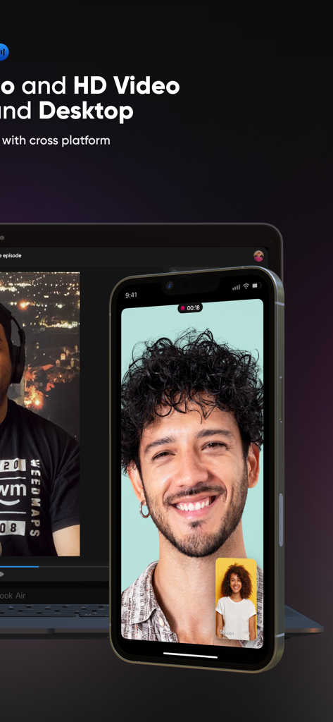 Zencastr mobile app on iPhone and laptop demonstrating cross-platform HD video recording and synchronization