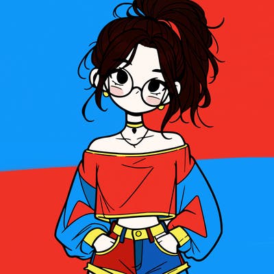 girl with a messy ponytail glasses a baggy crop top and jean shorts