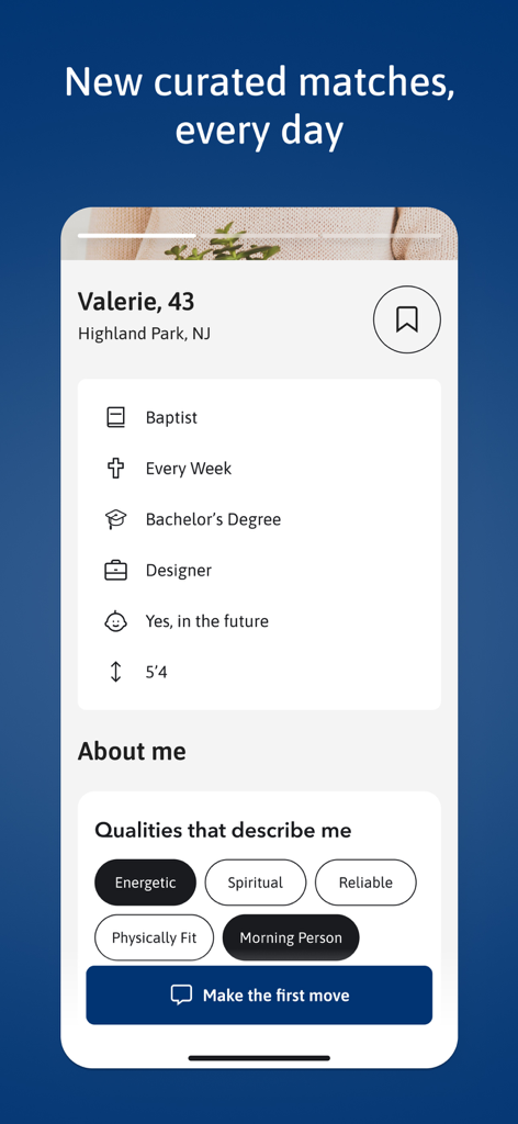 Screenshot of the Christian Mingle app showing a curated match profile with details on denomination church attendance and personality tags