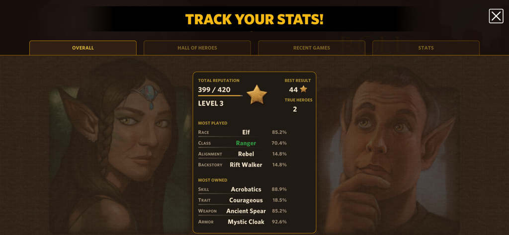 Roll Player - The Board Game - A screen from Roll Player The Board Game app displaying player stats and character preferences