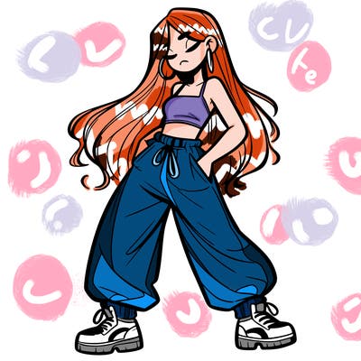 girl in baggy pants crop top and long hair