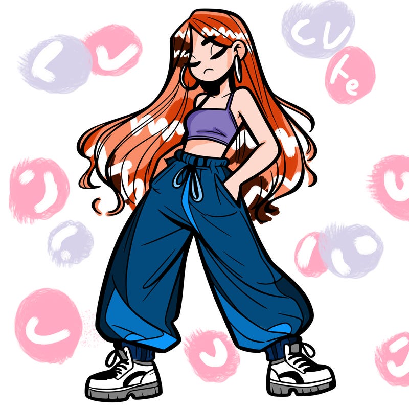 girl in baggy pants crop top and long hair