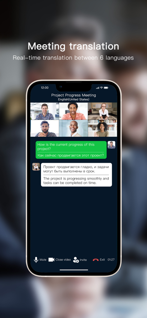 Sweetalk - Aplicación Sweetalk que muestra una videollamada de conferencia con traducción de texto en tiempo real entre inglés y ruso